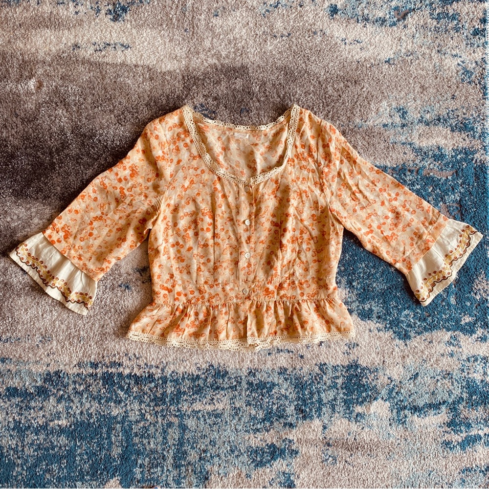 Anthropologie - 100% Silk Snak Boho Blouse Sz 6 - Orange